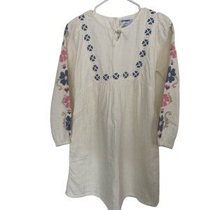 Old Navy Girls Embroidered Boho Dress XL (14-16) Cream Pink Blue Floral Long-Sle